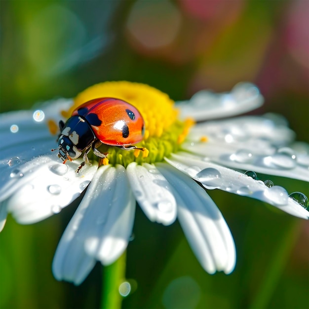 Coccinella rossa su un fiore di camomilla una coccinella striscia lungo il fusto di una pianta in primavera in un giardino