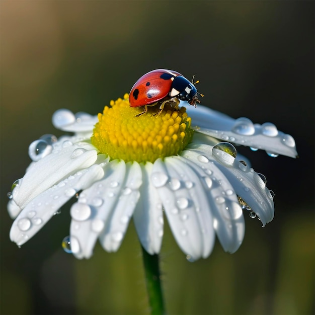 Coccinella rossa su un fiore di camomilla una coccinella striscia lungo il fusto di una pianta in primavera in un giardino