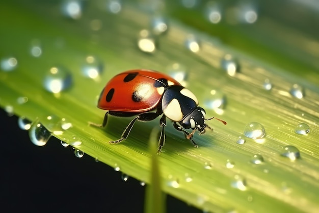 Coccinella rossa su una foglia verde IA generativa