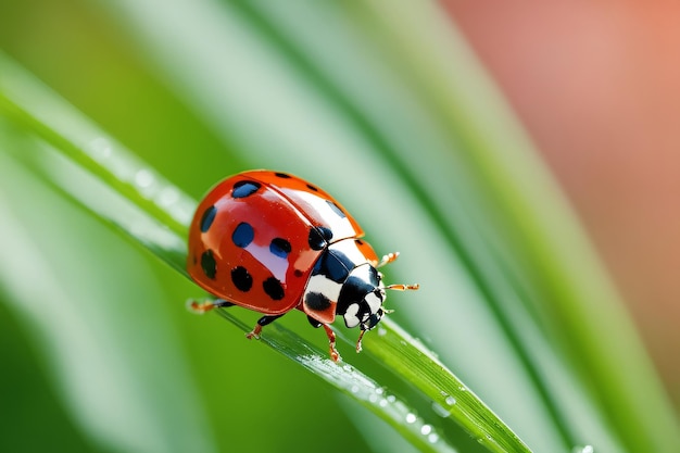 Coccinella solitaria su foglia verde che mostra le sue macchie in macro primo piano Ai generativa