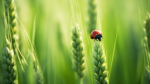 Coccinella su un campo di grano con sfondo verde