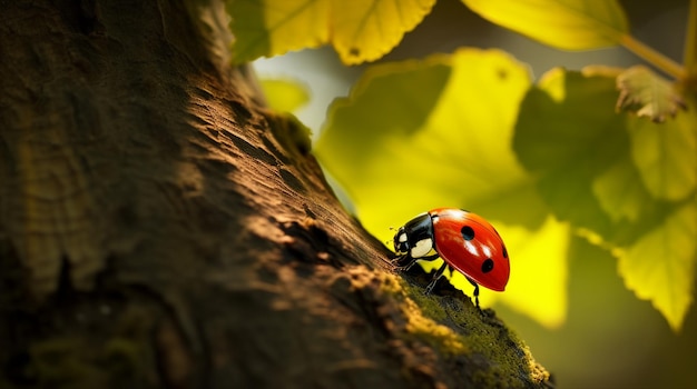 Coccinella su un ramo di un albero