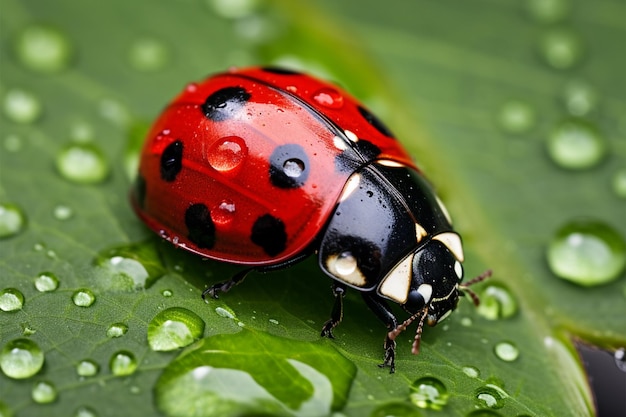 Coccinella su una foglia bagnata