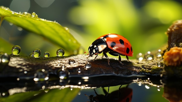 Coccinella su una foglia riflessa sull'acqua