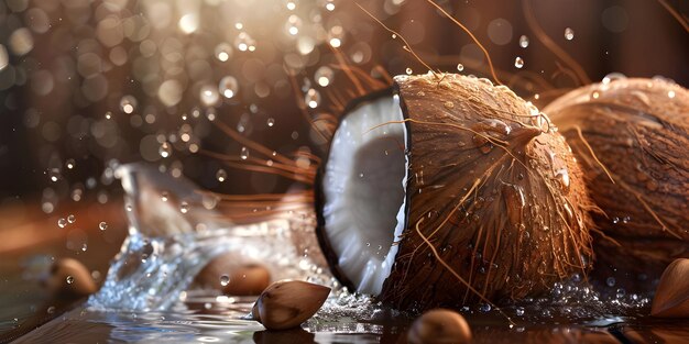 Cocco con spruzzi d'acqua sullo sfondo bokeh Cocco sfondo Ai Generato