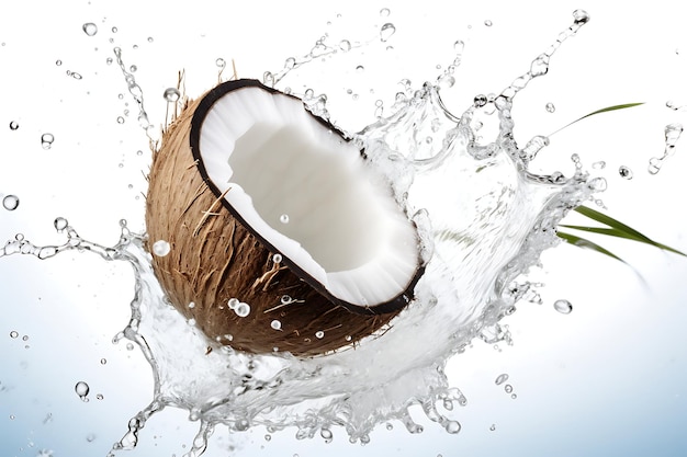 Cocco fresco e spruzzo d'acqua su sfondo bianco