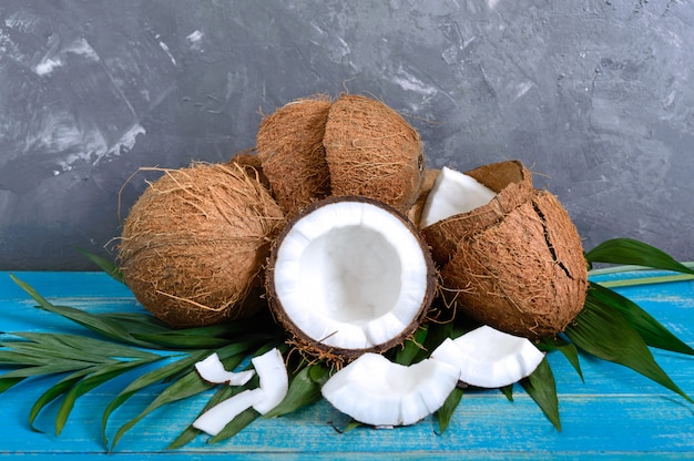 Cocco intero, conchiglia, foglie di palma verdi su un fondo di legno blu. Copia spazio. Sfondo tropicale.