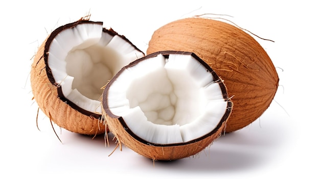 Cocco pieno con una metà aperta su uno sfondo bianco IA generativa