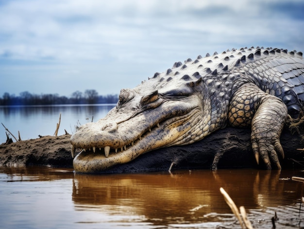 Coccodrilli che prendono il sole sulla riva del fiume