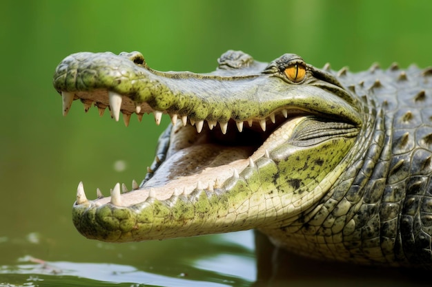 Coccodrillo con la bocca spalancata con un lago verde sullo sfondo verde