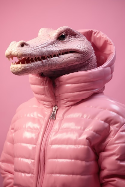 Coccodrillo rosa che indossa una giacca rosa su sfondo rosa