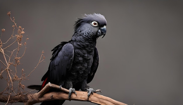 Cockatoo nero a coda rossa con sfondo nero