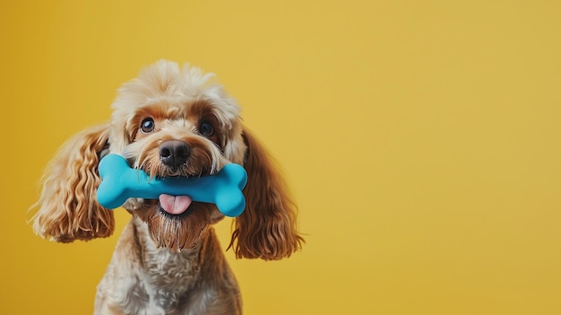 Cocker Spaniel con un osso da giocattolo blu in bocca su uno sfondo giallo