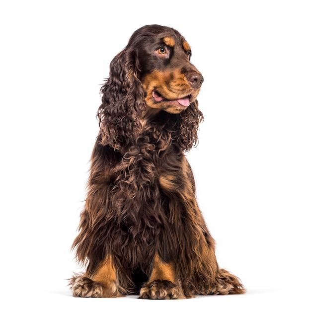 Cocker Spaniel inglese seduto di fronte a uno sfondo bianco