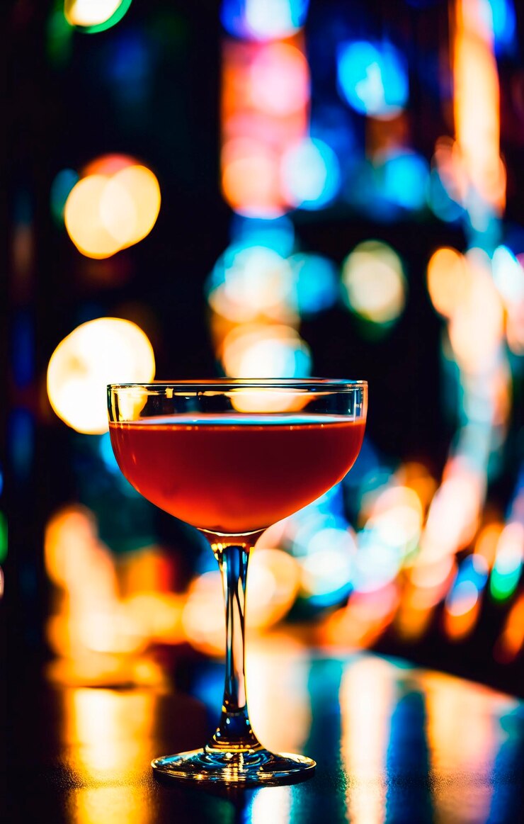 Cocktail alcolico sul tavolo in un ristorante con sfondo bokeh