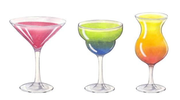 Cocktail alcolico tropicale da spiaggia diversa Bevanda Martini Mojito Illustrazione acquerello disegnata a mano su sfondo bianco Elemento di design