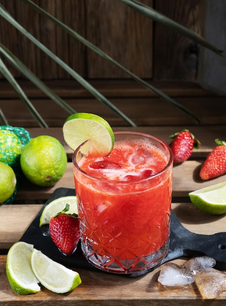 Cocktail analcolico daiquiri alla fragola con lime e ghiaccio