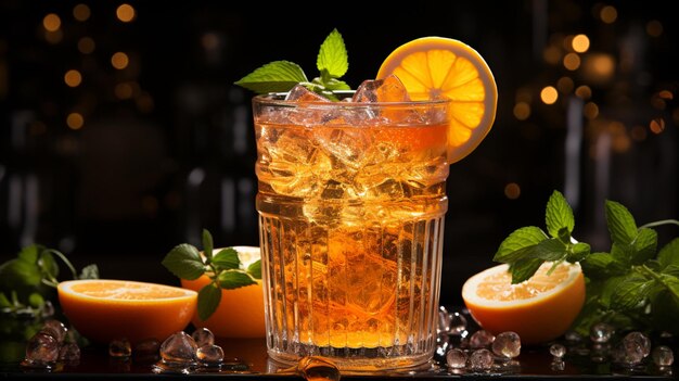 Cocktail Aperol Spritz con ghiaccio e arancia in vetro su sfondo scuro Concetto rinfrescante estivo