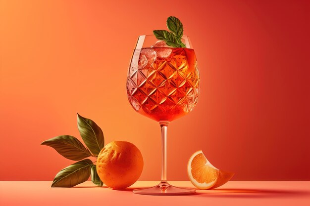 Cocktail Aperol spritz su sfondo rosa Illustrazione di un cocktail alcolico con cubetti di ghiaccio AI Generation