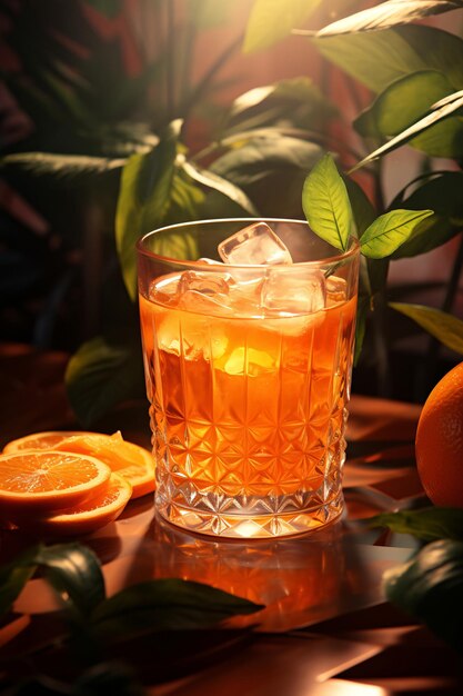 Cocktail arancione con cubetti di ghiaccio e palma sullo sfondo generato dall'AI