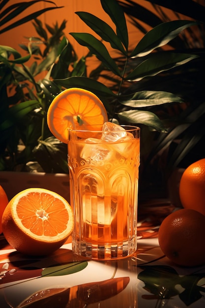 Cocktail arancione con cubetti di ghiaccio e palma sullo sfondo generato dall'AI