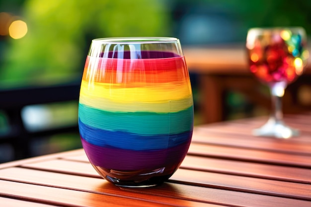 Cocktail arcobaleno colorato in un bicchiere su un tavolo di legno con uno sfondo colorato