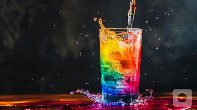 Cocktail arcobaleno con cubetti di ghiaccio su uno sfondo nero Il cocktail è fatto di diversi strati di liquidi di diversi colori