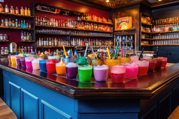 Cocktail bar colorato con una varietà di bevande cubetti di ghiaccio e miscelatori creati con intelligenza artificiale generativa