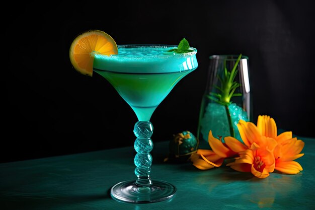 Cocktail color turchese con contorno di frutta tropicale creato con intelligenza artificiale generativa