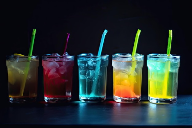 Cocktail colorati con cubetti di ghiaccio e cannucce su un tavolo Sfondo scuro IA generativa