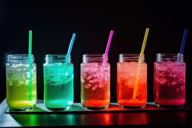 Cocktail colorati con cubetti di ghiaccio e cannucce su un tavolo Sfondo scuro IA generativa