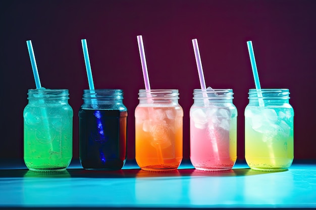 Cocktail colorati con cubetti di ghiaccio e cannucce su un tavolo Sfondo scuro IA generativa