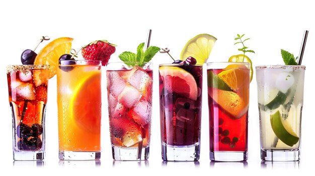 Cocktail colorati e mocktails con guarnizioni di frutta in bicchieri highball