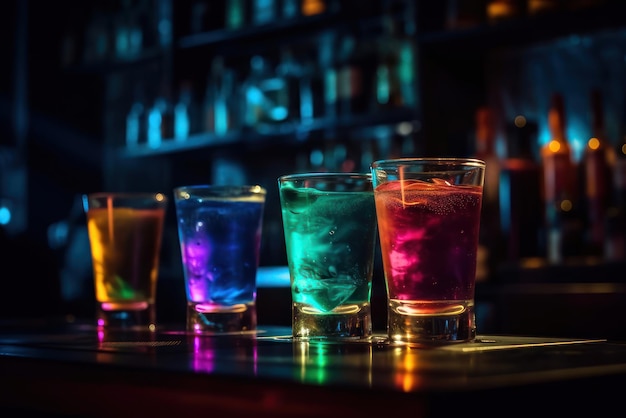 Cocktail colorati su un bancone bar con uno sfondo scuro