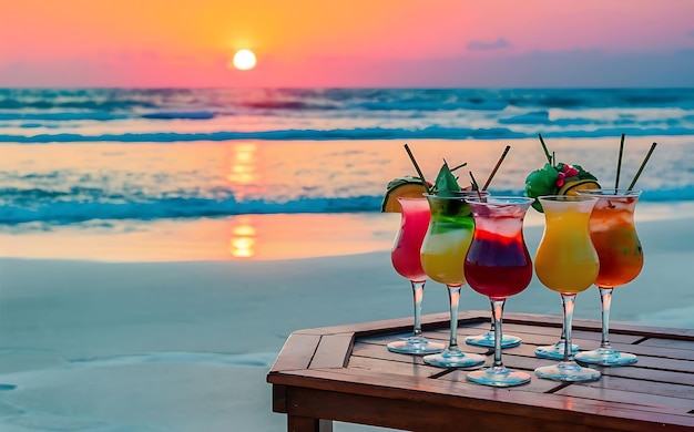 Cocktail colorati sulla spiaggia al tramonto messa a fuoco selettiva