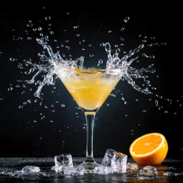 cocktail colorato in bicchiere con spruzzi e limone su sfondo scuro intrattenimento di club di festa