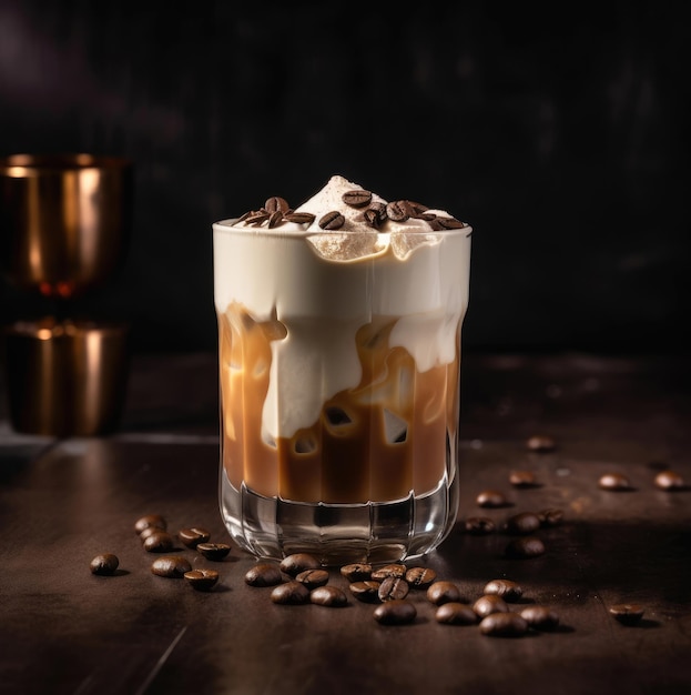 Cocktail con crema al caffè e baileys e un dolce al cioccolato