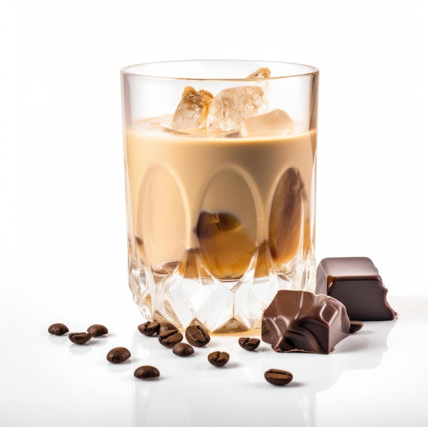 Cocktail con crema di caffè e baileys e un dolce al cioccolato isolato su sfondo bianco