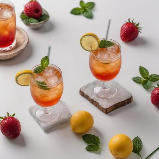 Cocktail con fragole, limone e menta su uno sfondo bianco