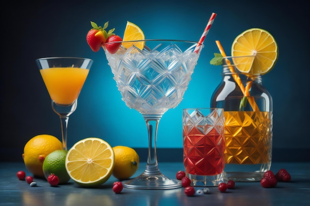 Cocktail con frutta e bacche su uno sfondo blu scuro