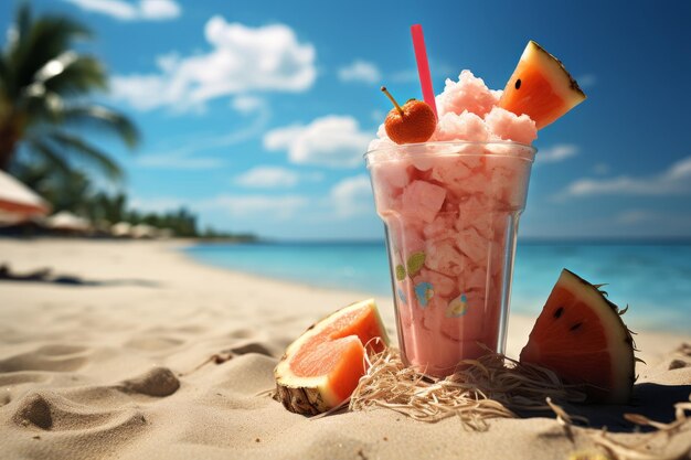 Cocktail con frutta sull'umore di vacanza in spiaggia