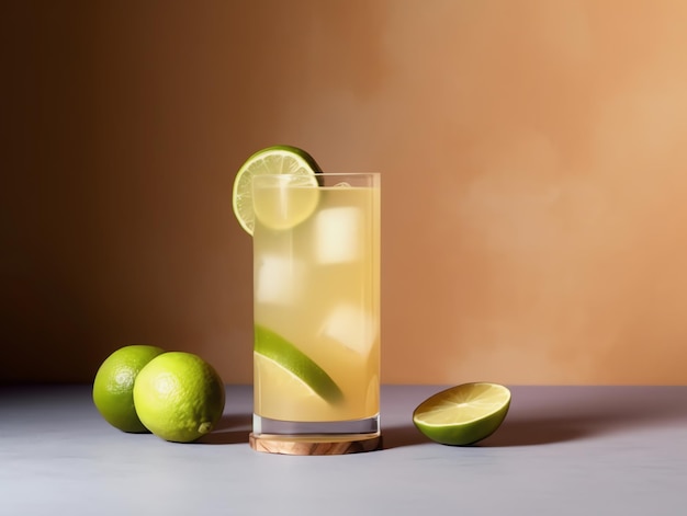 Cocktail con lime e ghiaccio in un bicchiere su sfondo marrone