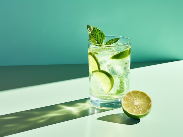 Cocktail con lime fresco e menta su luci e ombre al bar