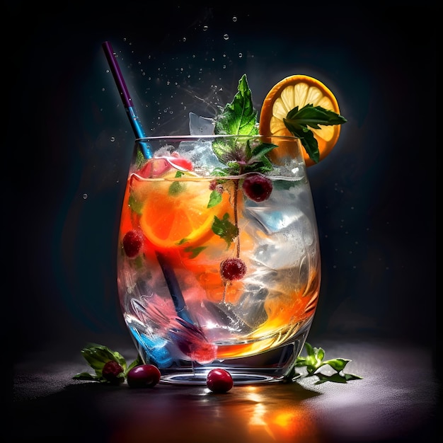 Cocktail con mirtillo arancione e menta su sfondo scuro