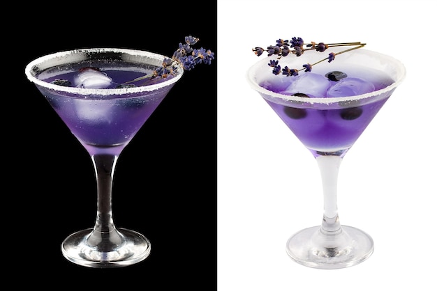 Cocktail con rum e lavanda su uno sfondo bianco e scuro isolato