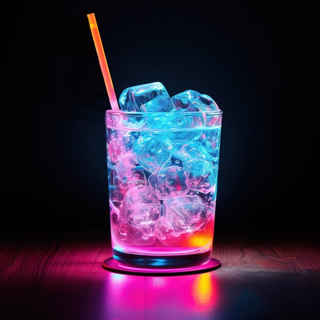 Cocktail con una cannuccia Aperitivo estivo con ghiaccio Colore neon stile anni '90 Festa di vacanza o vacanza