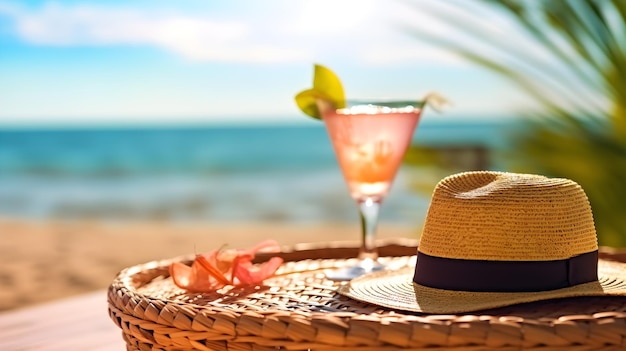 Cocktail da spiaggia con cappello da viaggio per la vocazione