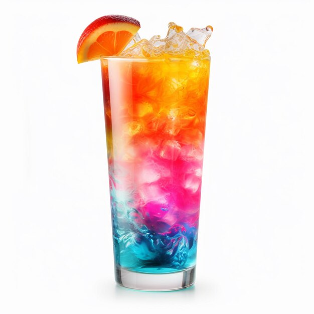 Cocktail dai colori vivaci con fetta d'arancia e ghiaccio in vetro alto generativo ai
