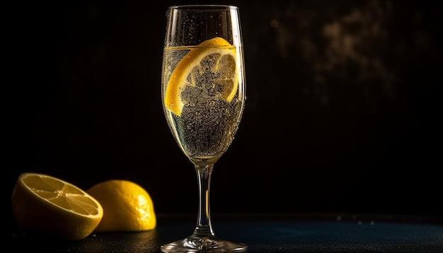 Cocktail di agrumi freschi in bolle d'oro di vetro generate dall'AI