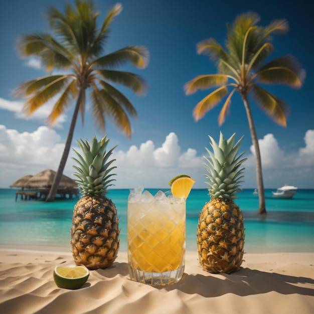 cocktail di ananas sulla spiaggia caraibica con palme e nave